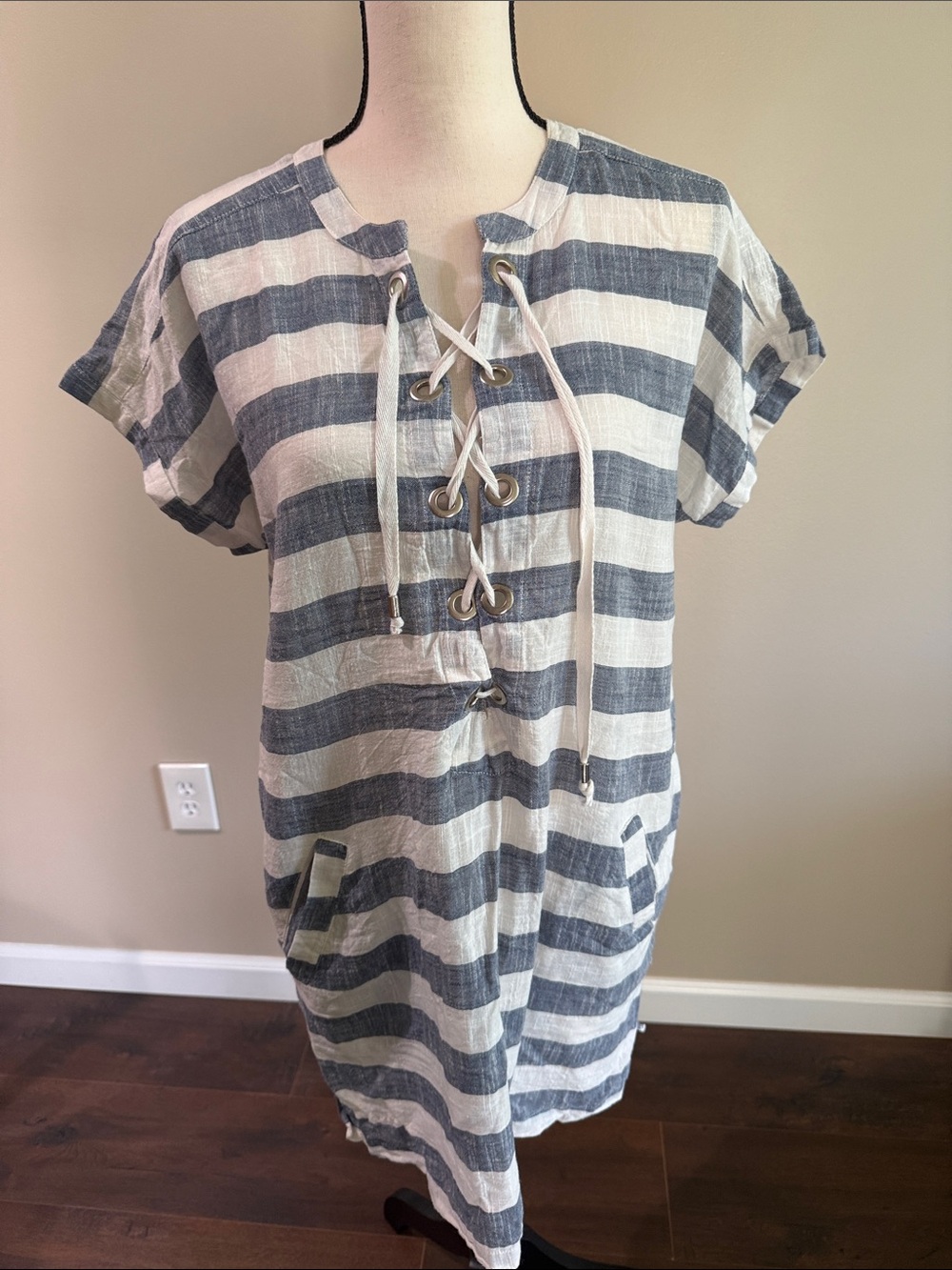 Navy and White Striped Lace-Up Swim Coverup by Blue Island Size M